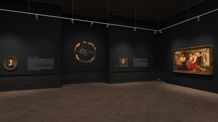 Wide-angle view of an art gallery interior, capturing the serene ambiance created by the combination of dark walls and natural lighting from the skylight above. The gallery displays a collection of paintings with information plaques beside each piece. The herringbone pattern of the wooden floor complements the sophisticated decor, and track lighting overhead adds to the contemplative environment.