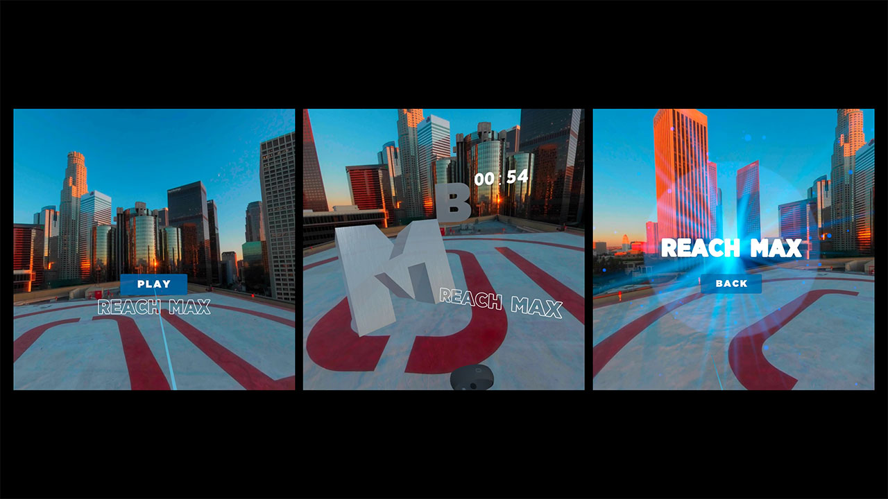 A screenshot from the 'Imperial VR Game' with an urban skyline at sunset. It displays a 3D 'Reach Max' challenge with interactive elements like 'PLAY' and a timer set at 54 seconds, indicating a fast-paced game where players shoot letters to score points.