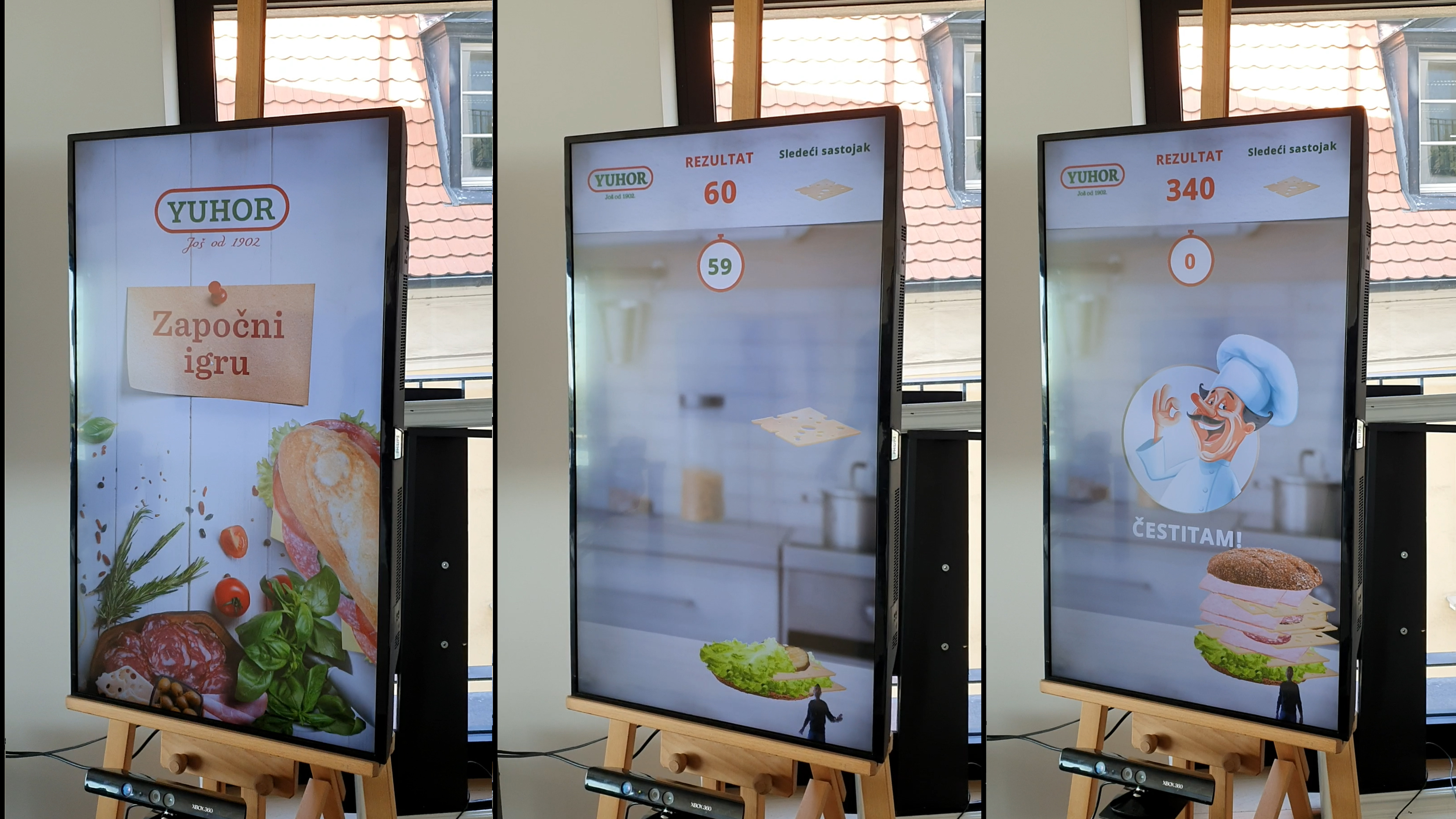 A trio of interactive displays from the Delta KINECT Experiences, featuring motion-controlled games set up in a shopping mall. 