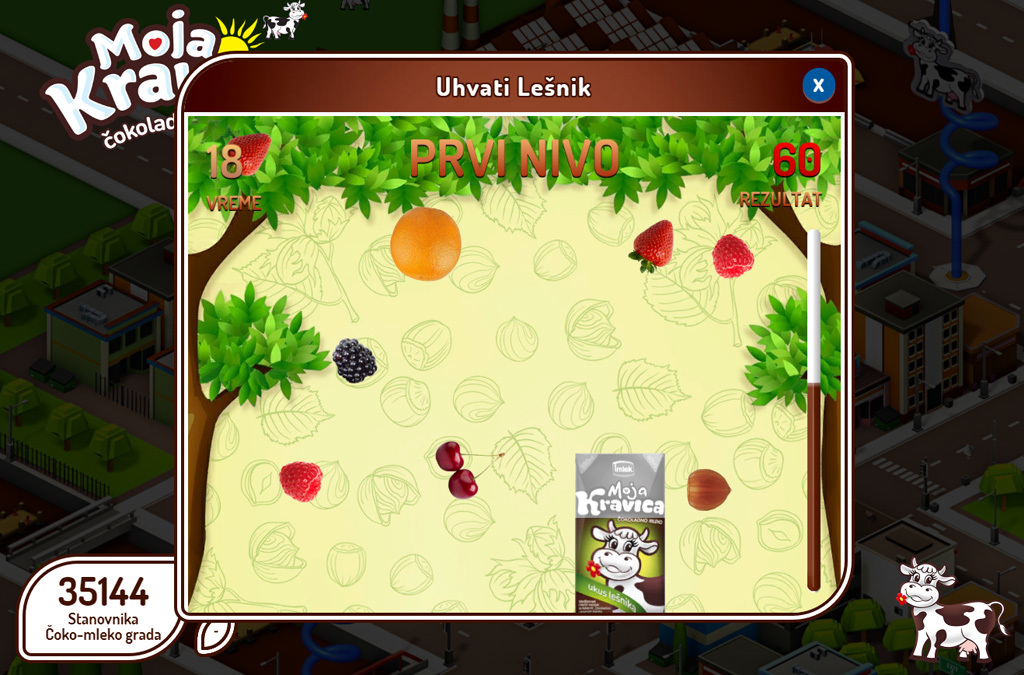 A mini-game on the Čokoladno Mleko website where players catch fruits, integrating with the playful and educational theme of the brand's online presence.
