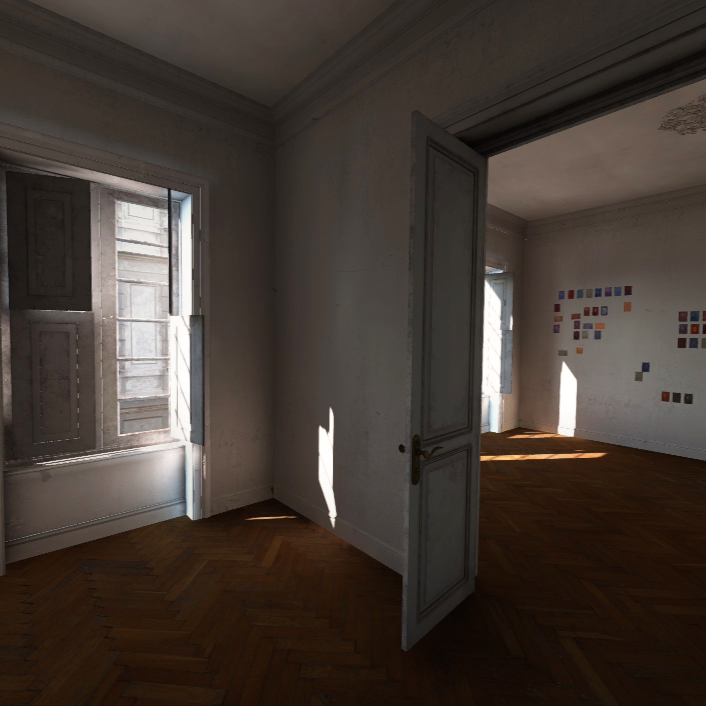 View from a doorway into a sunlit room with a collection of photographs on the far wall, as part of Mia Cuk's VR exhibition, highlighting the interplay between light, shadow, and the artwork.