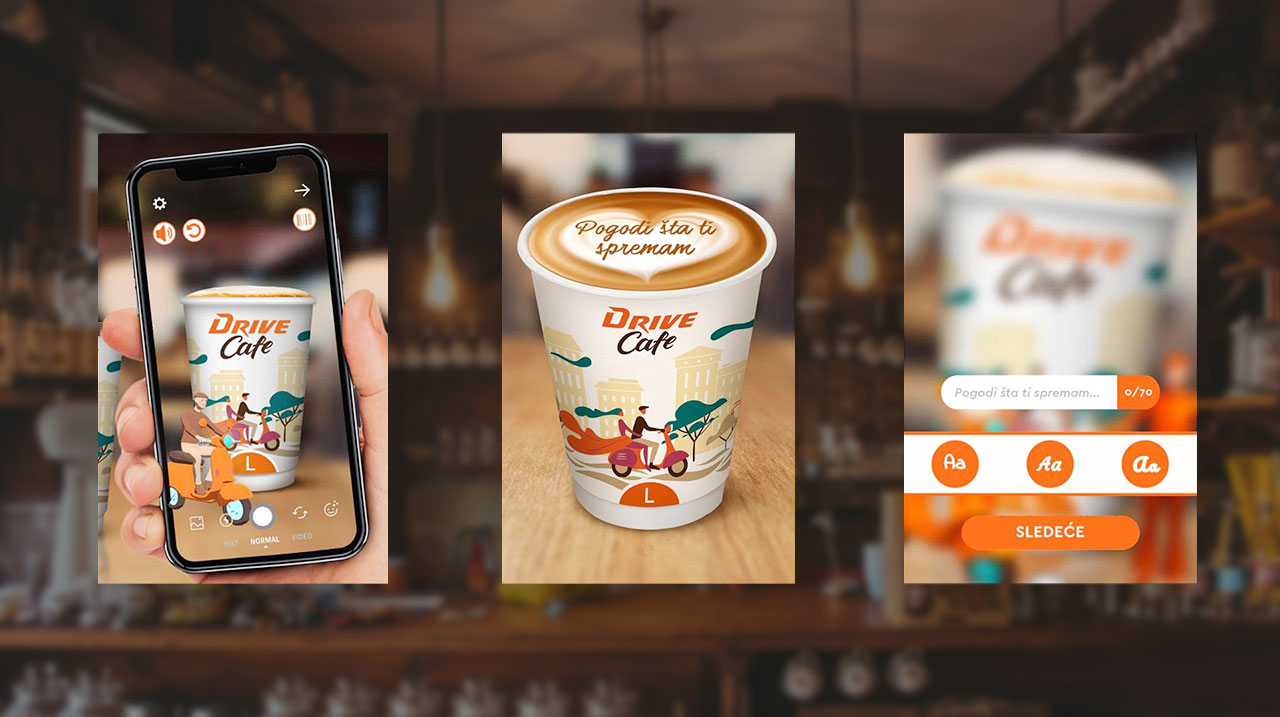 A smartphone held in front of a Drive Cafe branded coffee cup, displaying an augmented reality (AR) animation of an avatar on a Vespa. The cup serves as an AR trigger, launching an interactive experience where the avatar guides the user through creating virtual coffee art, with options to select styles, fonts, and share the creation on social media for rewards.