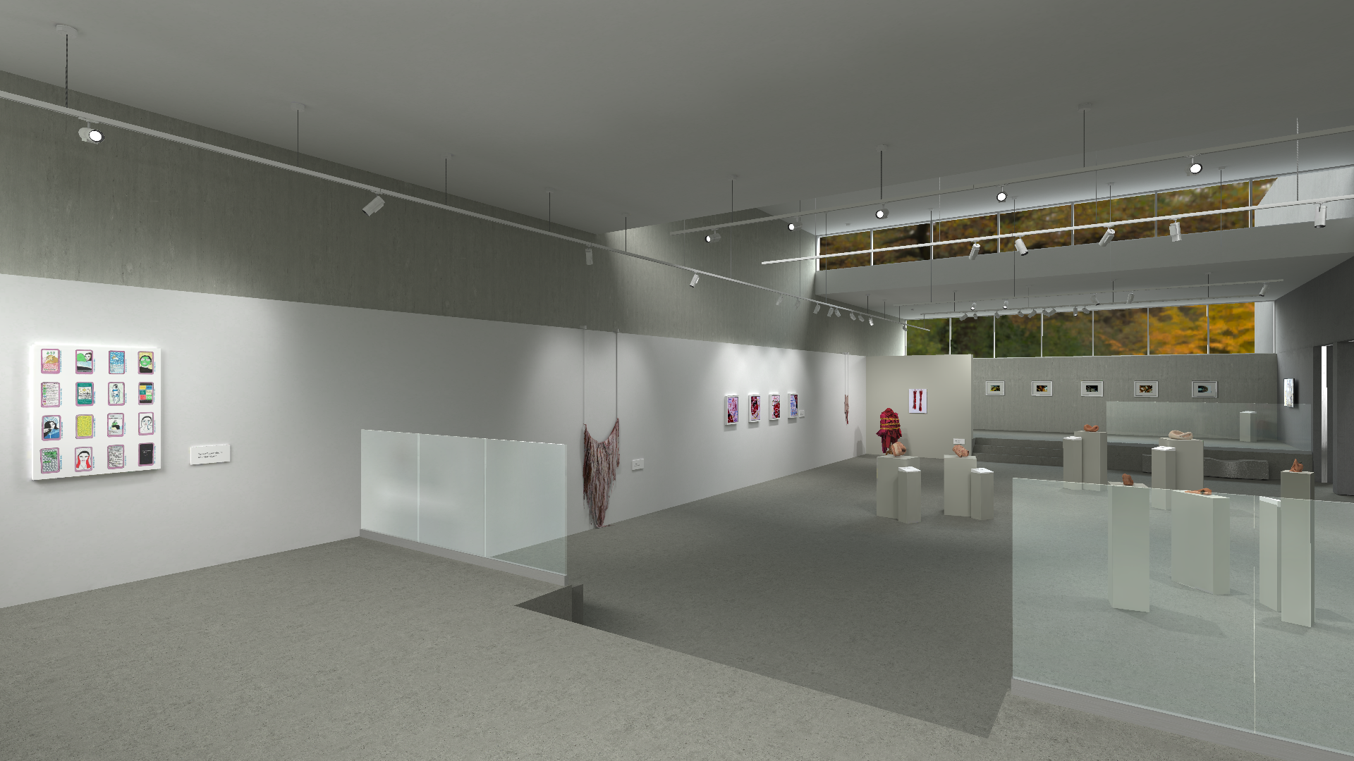 A series of images showing different perspectives of a contemporary art gallery. The gallery has a minimalist design with concrete benches, large windows revealing autumnal trees, and a variety of modern artworks including sculptures and framed pieces. The lighting is provided by track lights on the ceiling, creating a bright and airy atmosphere.
