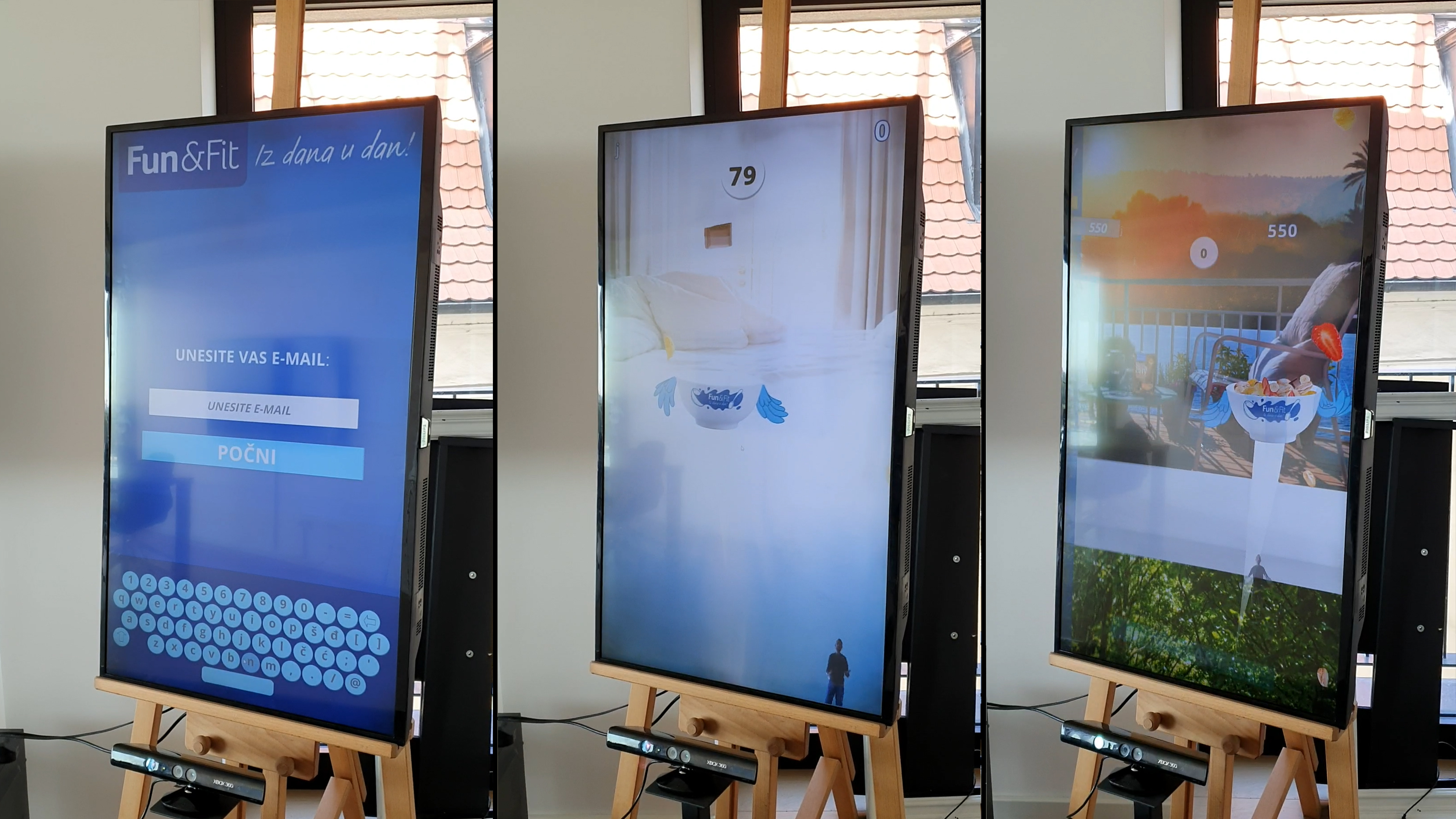A trio of interactive displays from the Delta KINECT Experiences, featuring motion-controlled games set up in a shopping mall. 