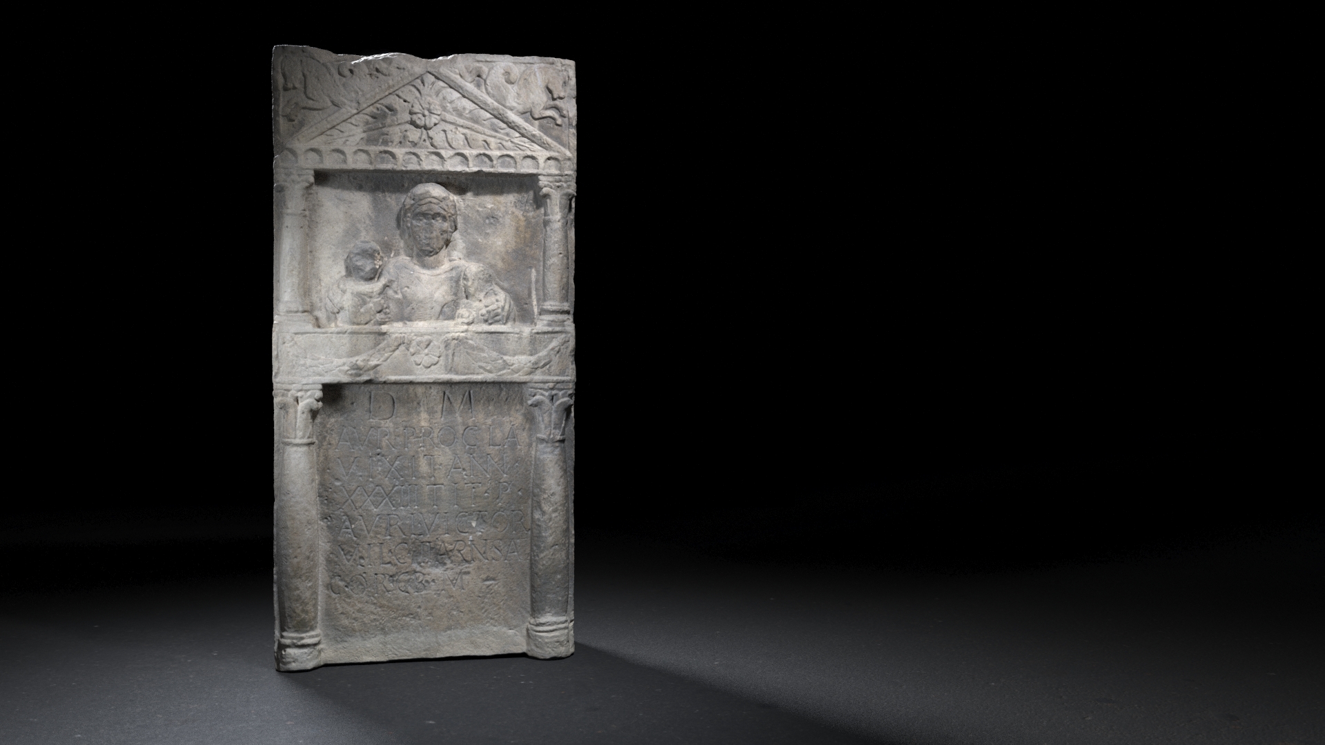 A detailed view of an ancient Roman sarcophagus showing intricate carvings including circular patterns, human figures, and mythological scenes, lit from above and presented against a dark background.