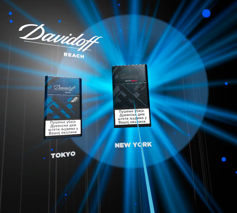 Promotional graphic for the 'Imperial VR Game' featuring a Davidoff 'Reach' cigarette box with vibrant blue and black design, highlighted by dynamic light rays on a dark background. Text for 'Tokyo' and 'New York' editions are visible, suggesting different themes for the game.