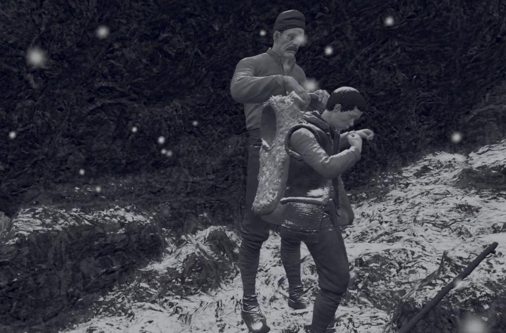 A black and white VR image of a man helping a boy through a snowy terrain.