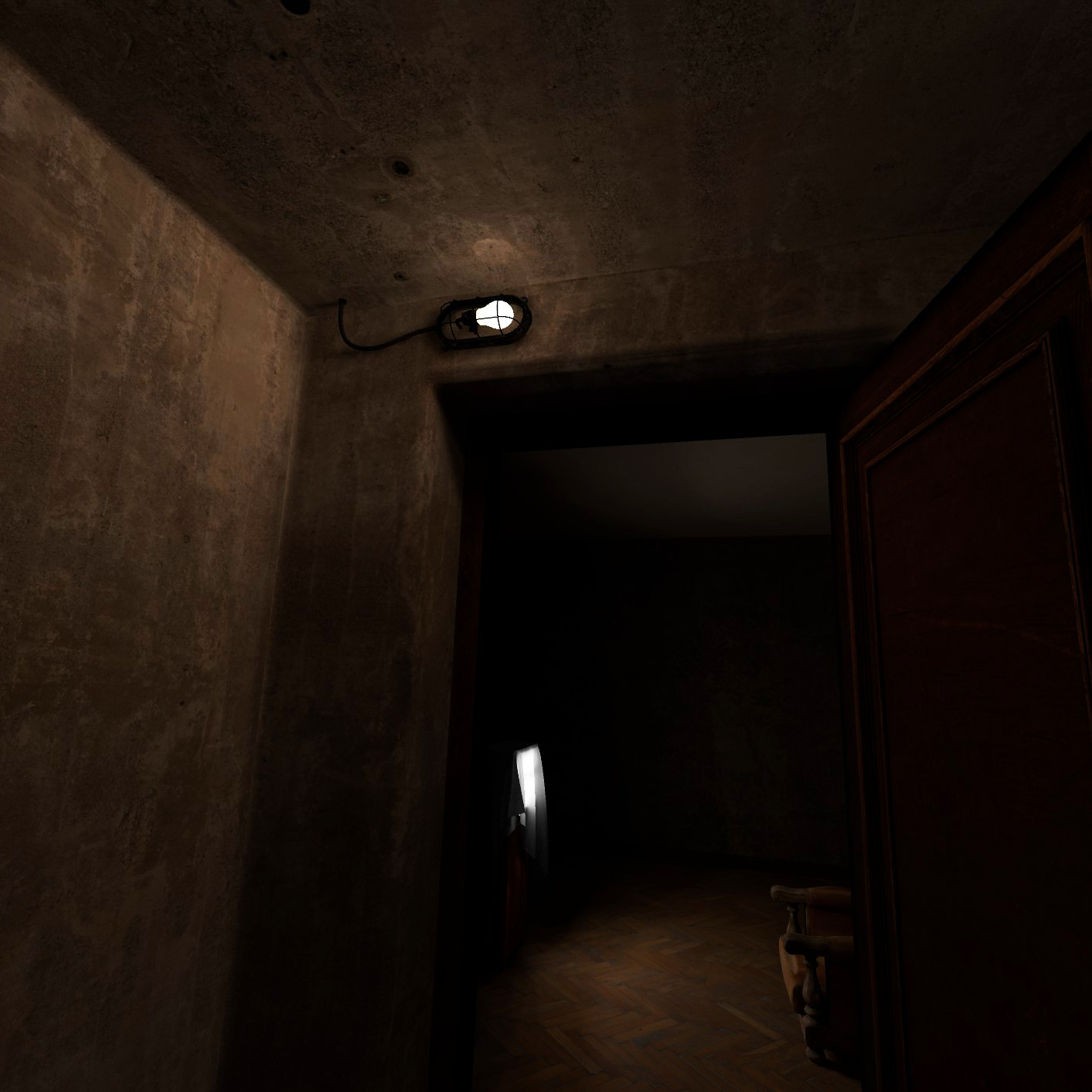 An atmospheric dark room illuminated by a faint light fixture in the corner, revealing a worn leather armchair and a glowing lightbox on a stand casting a harsh white light. The ambience suggests a quiet, introspective space.