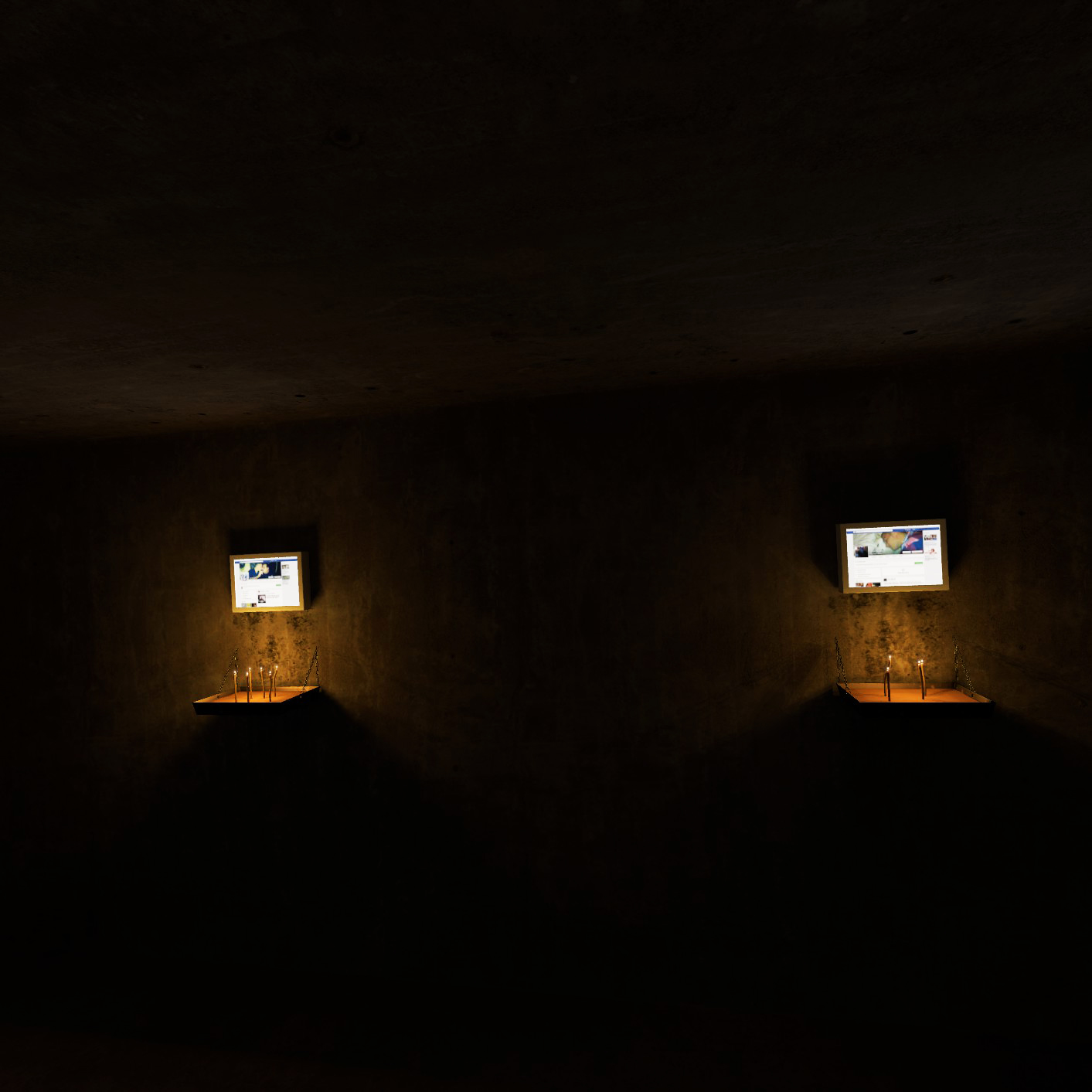 Two lightboxes with illuminated screens are set into the walls of a dimly lit, somber room. Below each screen, a small shelf holds a few lit candles, casting a warm, flickering light that provides a stark contrast to the otherwise dark surroundings, creating a contemplative and intimate atmosphere.