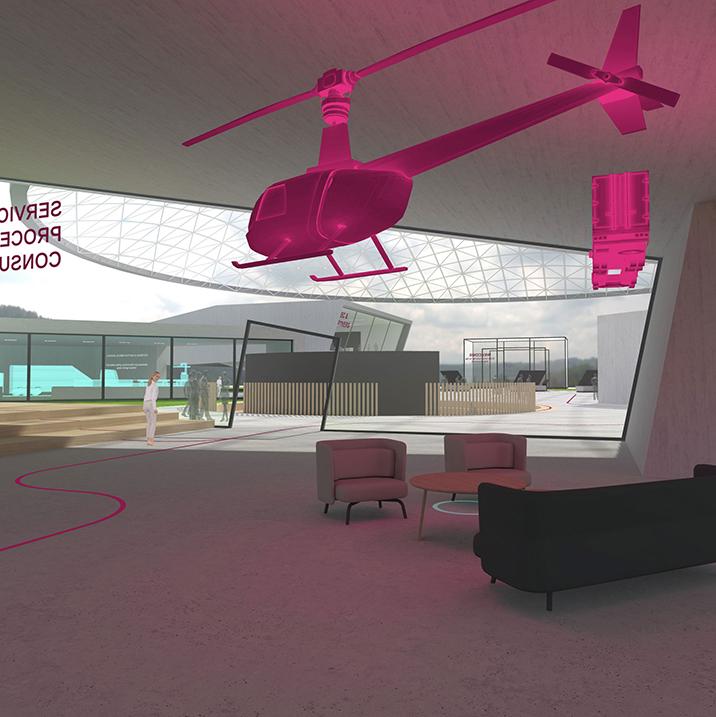 Inside the LiSEC Expo, a virtual reality exhibition space showcasing a bright fuchsia helicopter hovering above, with visitors depicted as transparent silhouettes and interactive display stands.