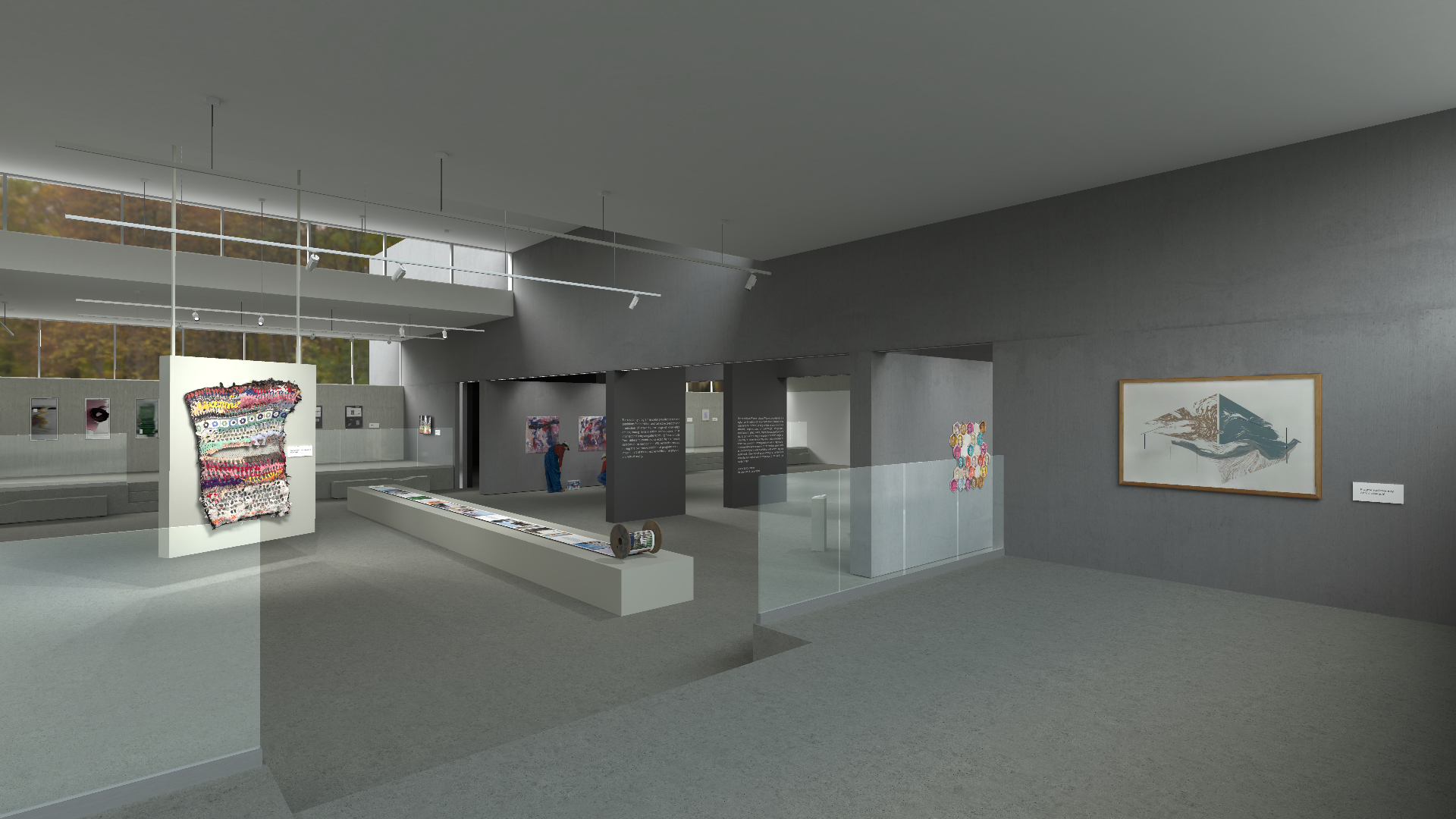 A series of images showing different perspectives of a contemporary art gallery. The gallery has a minimalist design with concrete benches, large windows revealing autumnal trees, and a variety of modern artworks including sculptures and framed pieces. The lighting is provided by track lights on the ceiling, creating a bright and airy atmosphere.