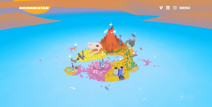 Daytime presentation of Animanistan's 3D virtual world, displaying a vibrant island with a volcanic mountain, animated attractions, and multiple points for user interaction.