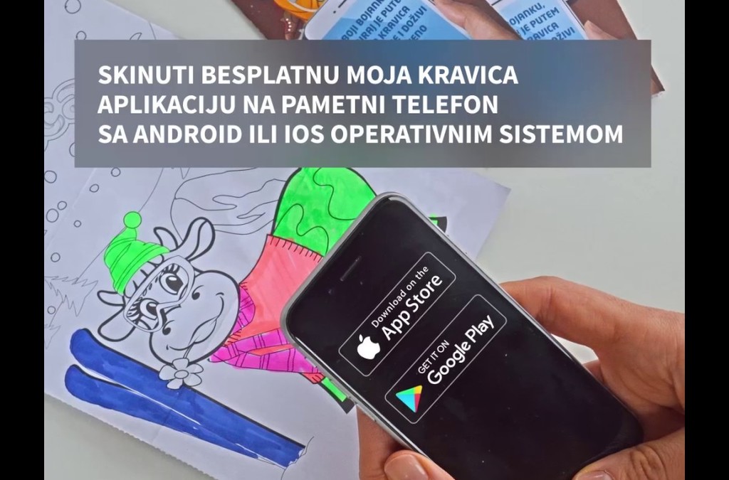 A hand holding a smartphone with the download page open for the 'Moja Kravica' app, indicating availability on both the App Store and Google Play, over a vibrant child's drawing.