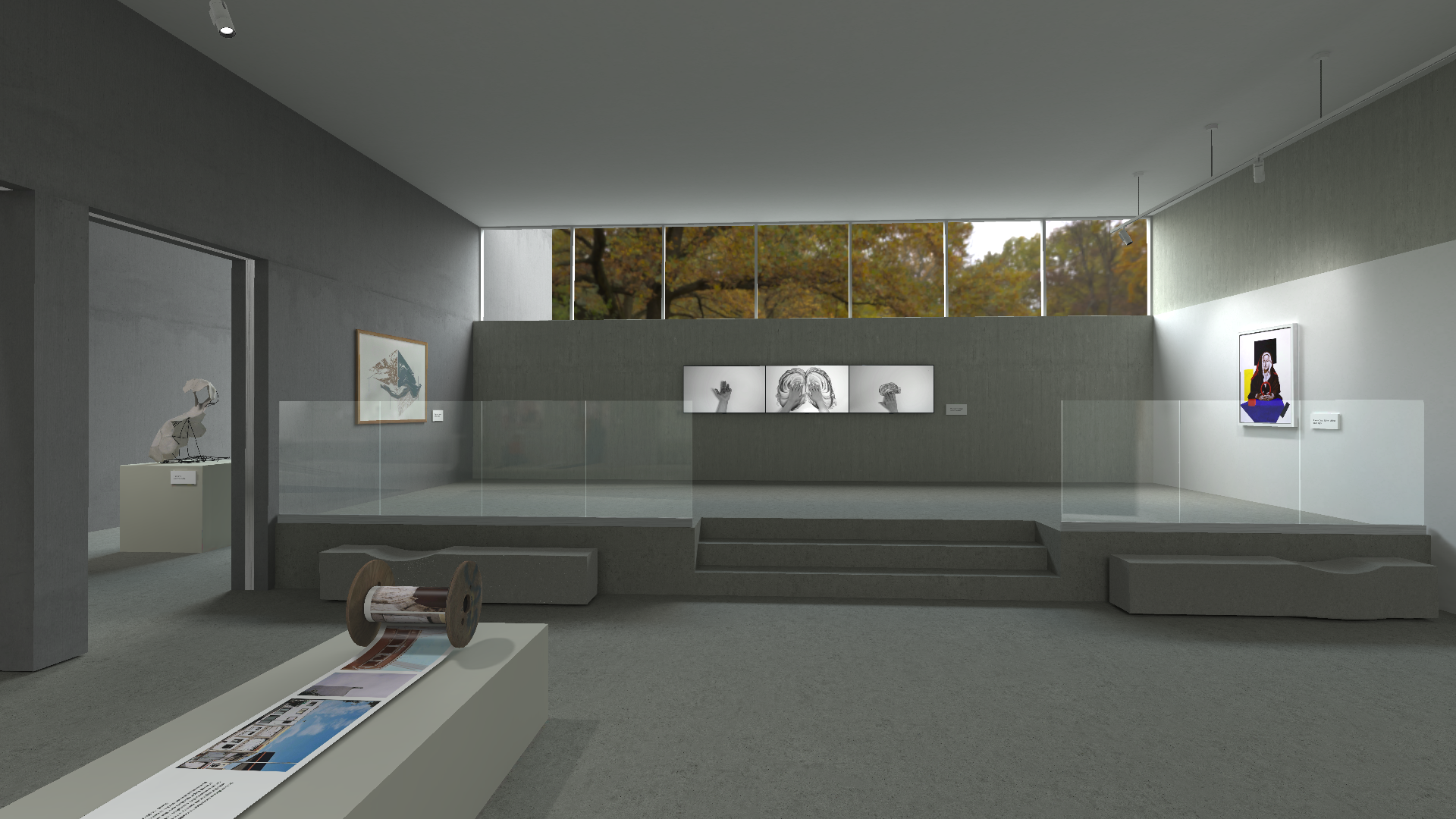 A series of images showing different perspectives of a contemporary art gallery. The gallery has a minimalist design with concrete benches, large windows revealing autumnal trees, and a variety of modern artworks including sculptures and framed pieces. The lighting is provided by track lights on the ceiling, creating a bright and airy atmosphere.