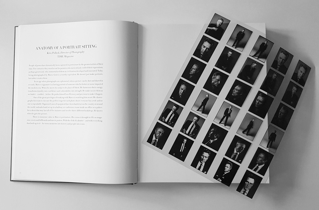 Open book page showing an essay titled 'Anatomy of a Portrait Sitting' alongside a sheet of contact prints.
