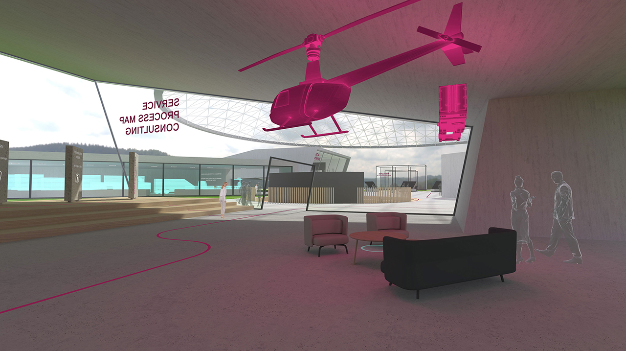 Inside the LiSEC Expo, a virtual reality exhibition space showcasing a bright fuchsia helicopter hovering above, with visitors depicted as transparent silhouettes and interactive display stands.