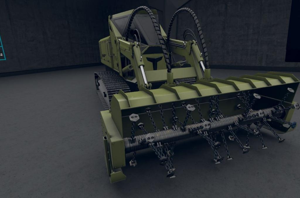 A virtual reality representation of the MH-17 demining machine in olive green.