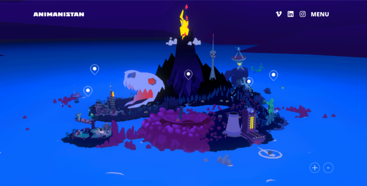 Nighttime scene of Animanistan in a 3D environment, with a dark, illuminated island highlighting its unique features, like a fiery volcano and glowing interactive points.
