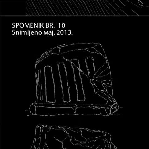 Orthographic projection of ancient tombstone number 10, depicted with line art on a black background, labeled with the date May 2013.