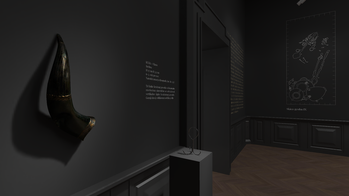 Side view of a bronze sheath fragment mounted on a museum gallery wall, illuminated from above, with wall text and an illustration of ancient jewelry to the left.