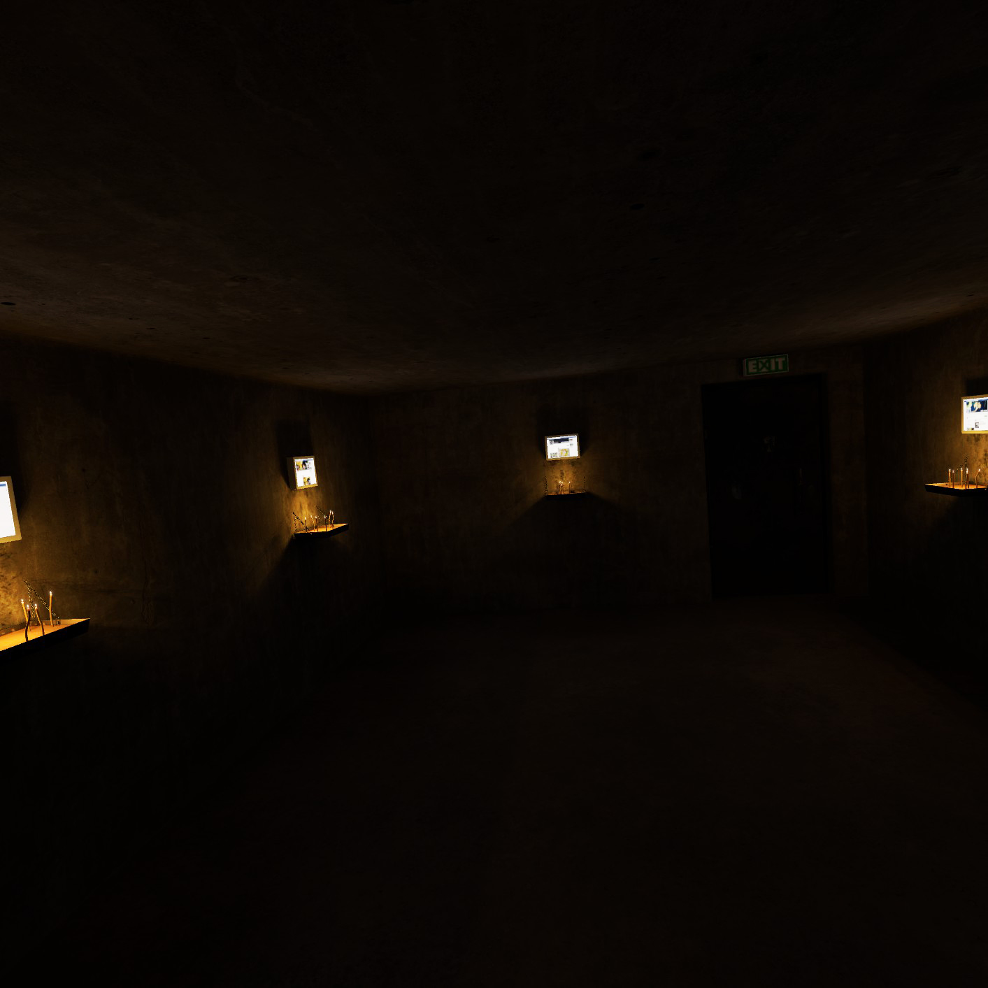 The scene shifts to a different setting where five lightboxes are positioned on the walls of a dark, somber room. Each box emits a soft glow, illuminating the small offerings placed on the shelves below them, including sand and candles, creating a reflective atmosphere.