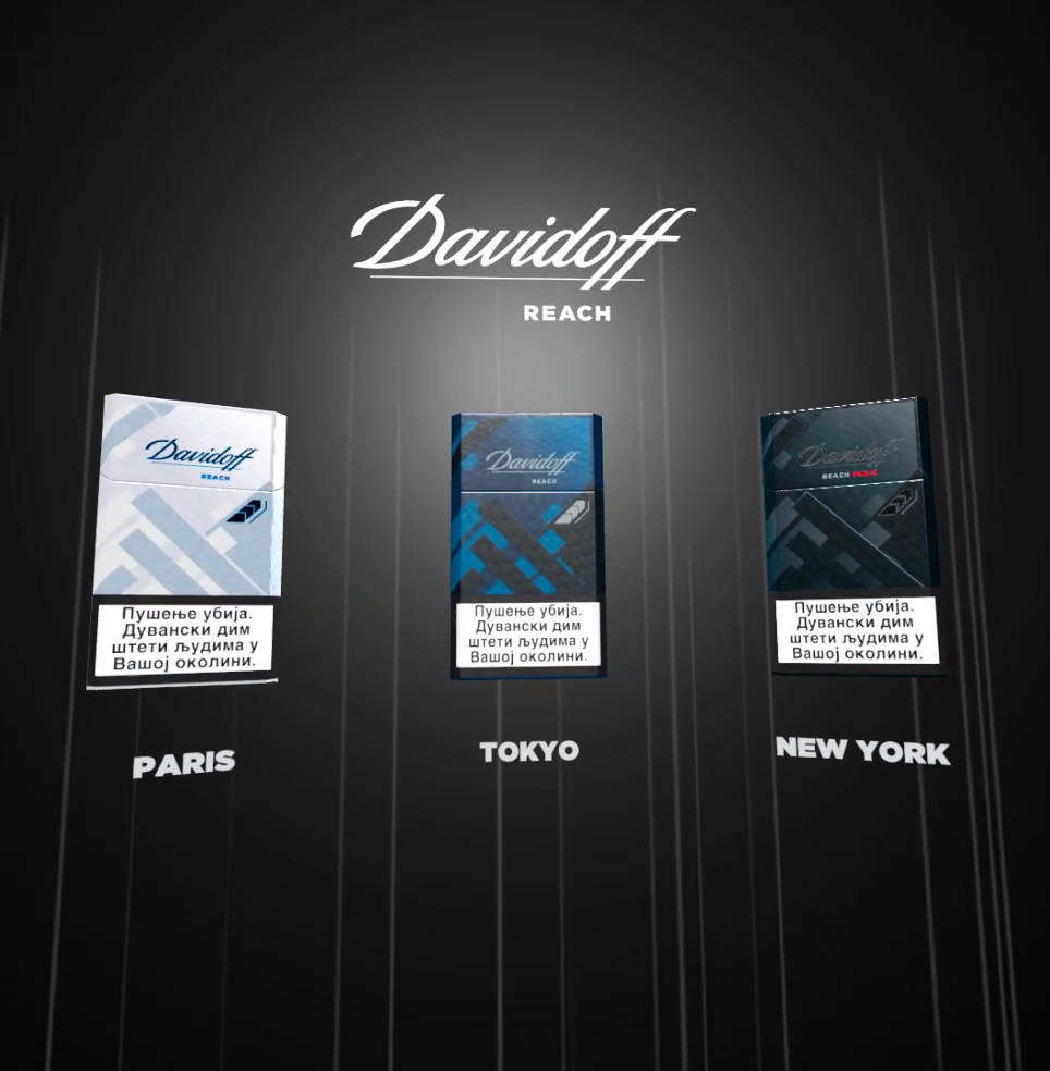 A graphic from the 'Imperial VR Game' displaying three Davidoff 'Reach' cigarette boxes, representing Paris, Tokyo, and New York. Each box is accompanied by a warning message in a different language about the dangers of smoking, within the immersive virtual reality game setting.