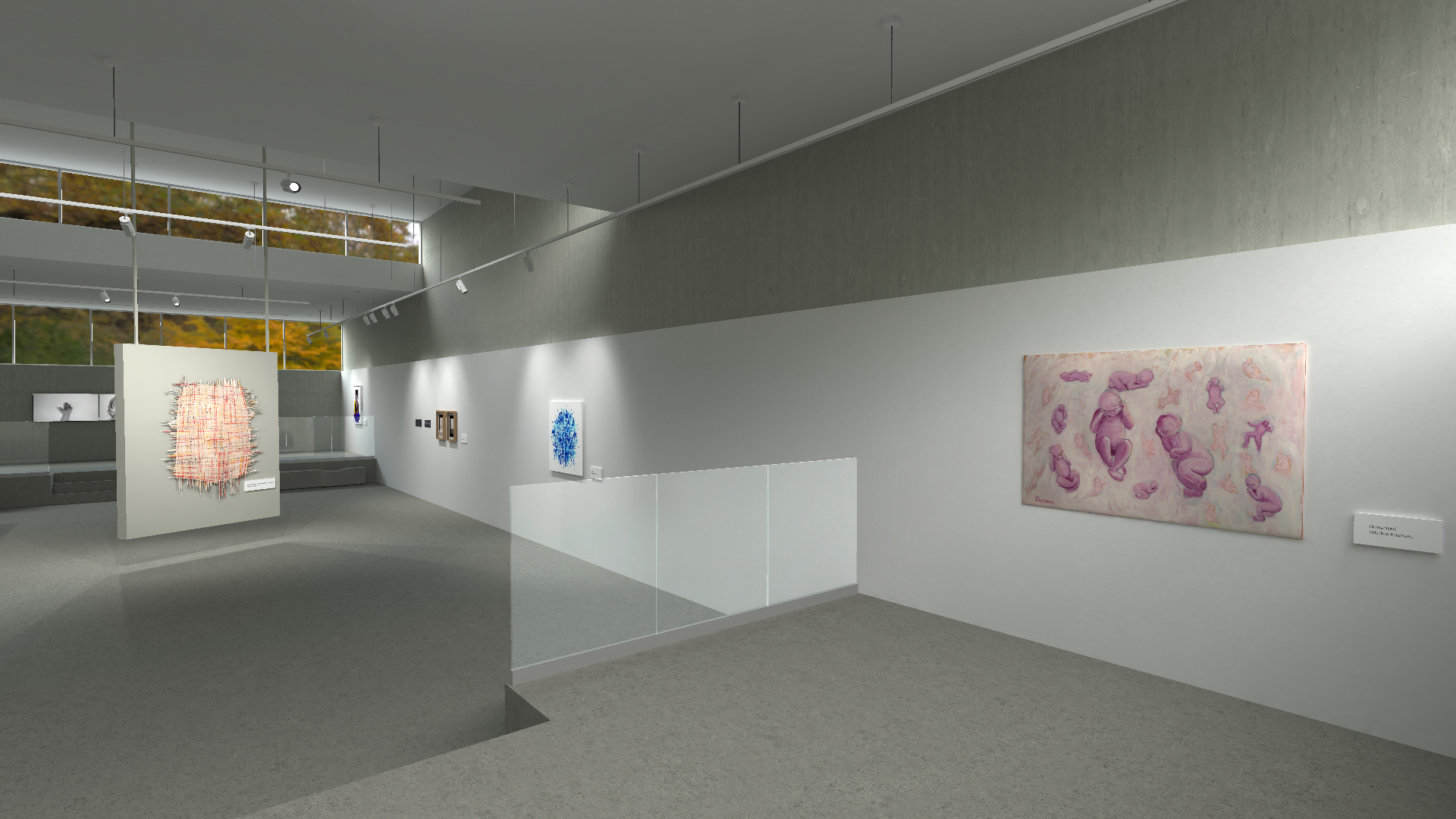 A series of images showing different perspectives of a contemporary art gallery. The gallery has a minimalist design with concrete benches, large windows revealing autumnal trees, and a variety of modern artworks including sculptures and framed pieces. The lighting is provided by track lights on the ceiling, creating a bright and airy atmosphere.