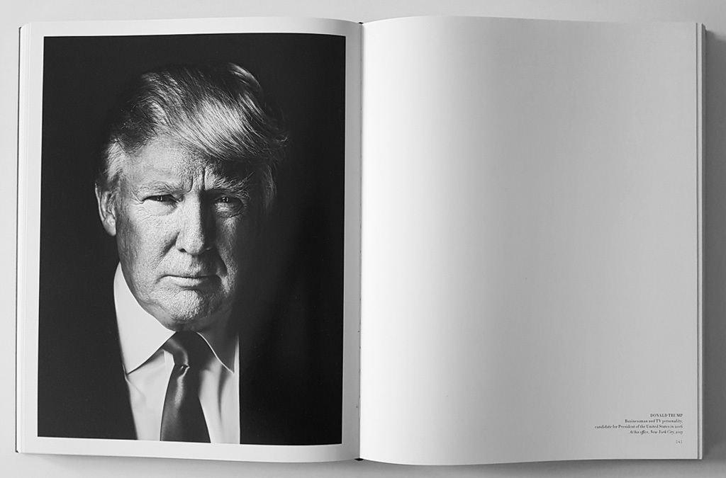 A stark black-and-white portrait of Donald Trump, presented on a full page of a book, exuding a sense of authority and contemplation.