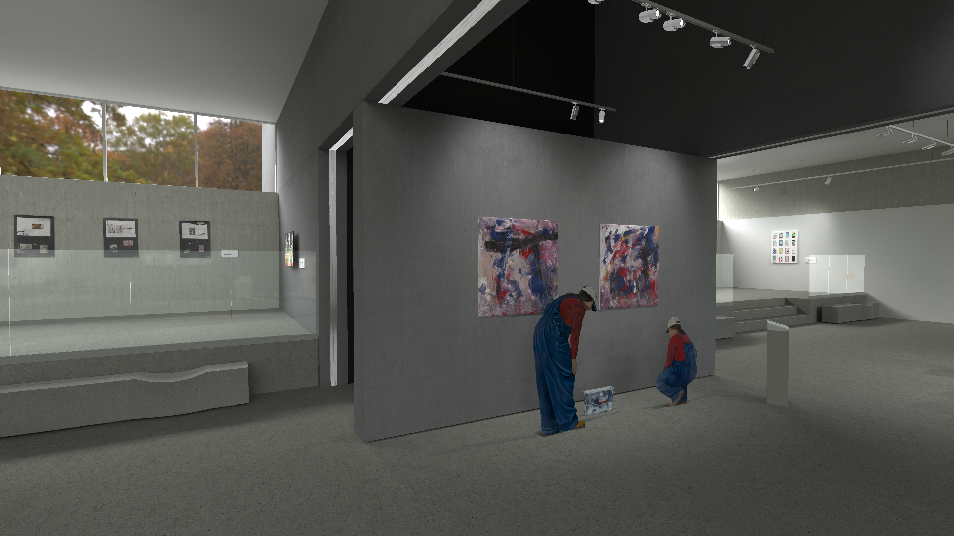 Interior of a modern art gallery with two individuals in blue and red attire installing abstract paintings on a gray partition wall. The gallery is illuminated with track lighting and has large windows near the ceiling, showing a glimpse of autumn trees outside.