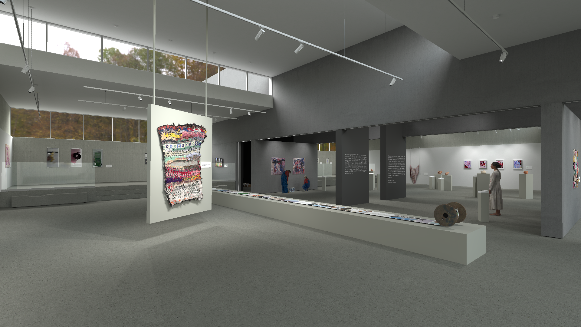 A series of images showing different perspectives of a contemporary art gallery. The gallery has a minimalist design with concrete benches, large windows revealing autumnal trees, and a variety of modern artworks including sculptures and framed pieces. The lighting is provided by track lights on the ceiling, creating a bright and airy atmosphere.