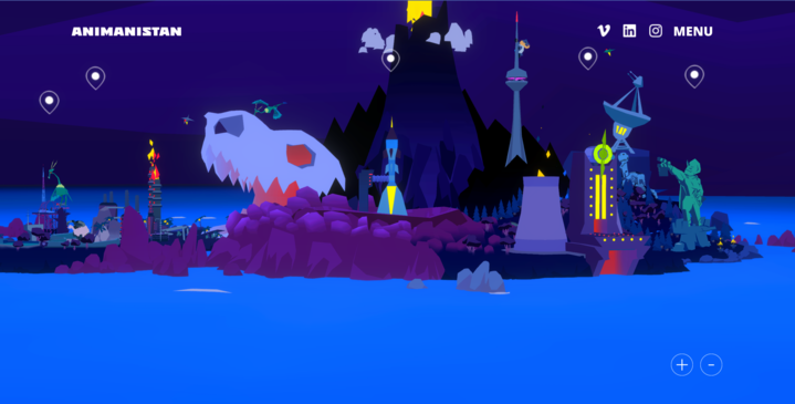 Web presentation of Animanistan at night, featuring a vibrant, animated island with iconic structures, a large dinosaur skull, and various interactive points, all under a purple night sky.