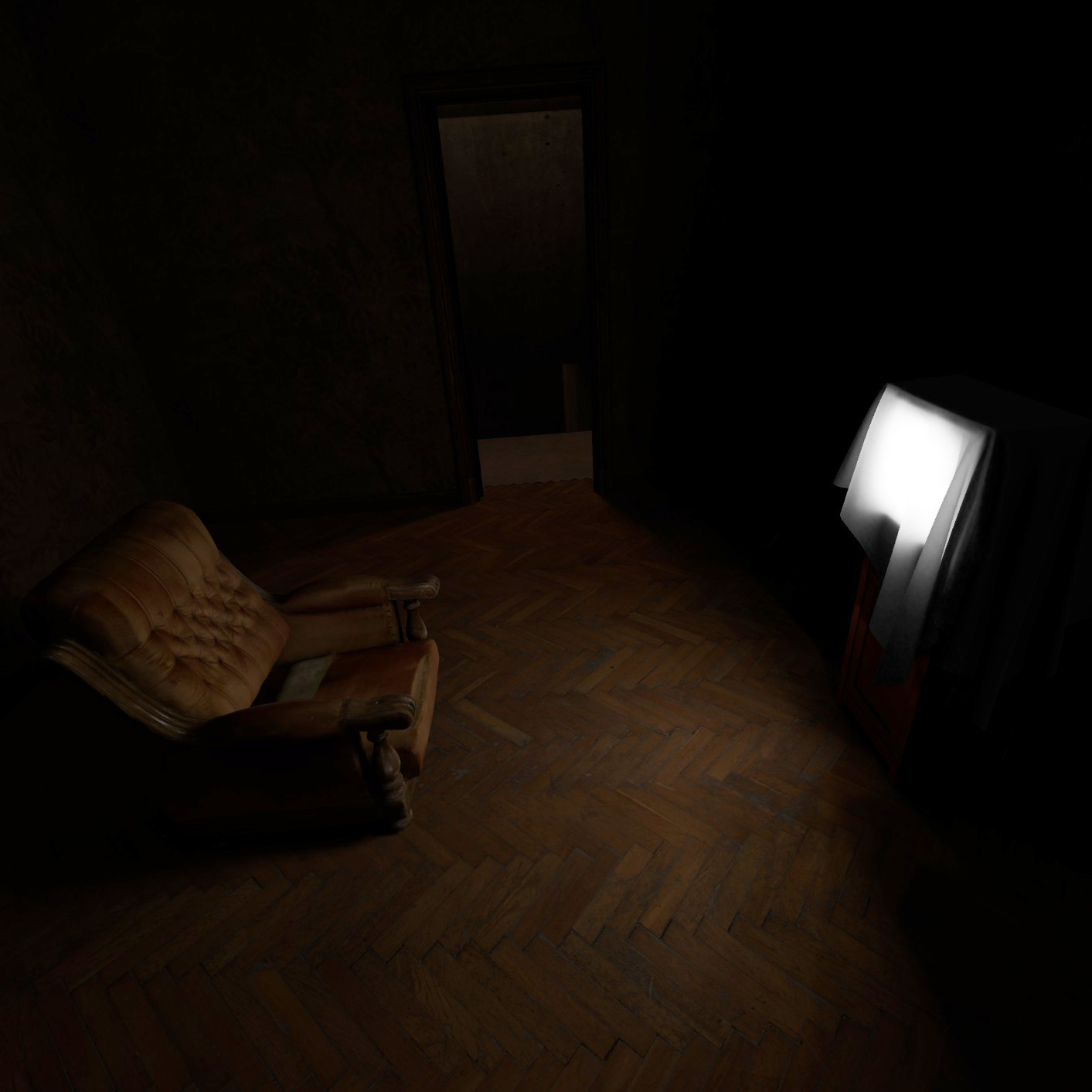 An aged and worn leather armchair sits askew in a dimly lit room with herringbone wood flooring. A white glow emanates from a television screen draped with a black cloth, creating an eerie atmosphere in the darkened space.