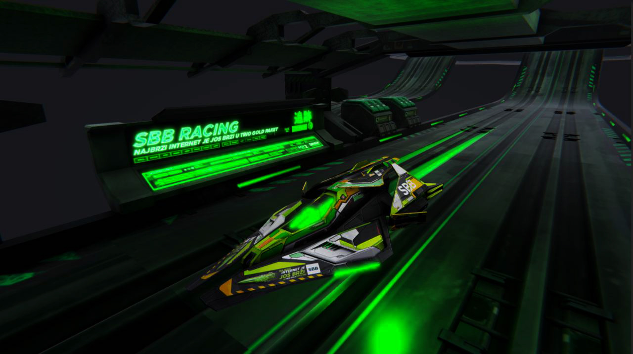 In-game screenshot from the SBB KINECT Spider Game showing a futuristic spider-like racing vehicle gliding down a neon-lit digital runway with 'SBB RACING' illuminated signs, reflecting the high-speed and interactive nature of the game.
