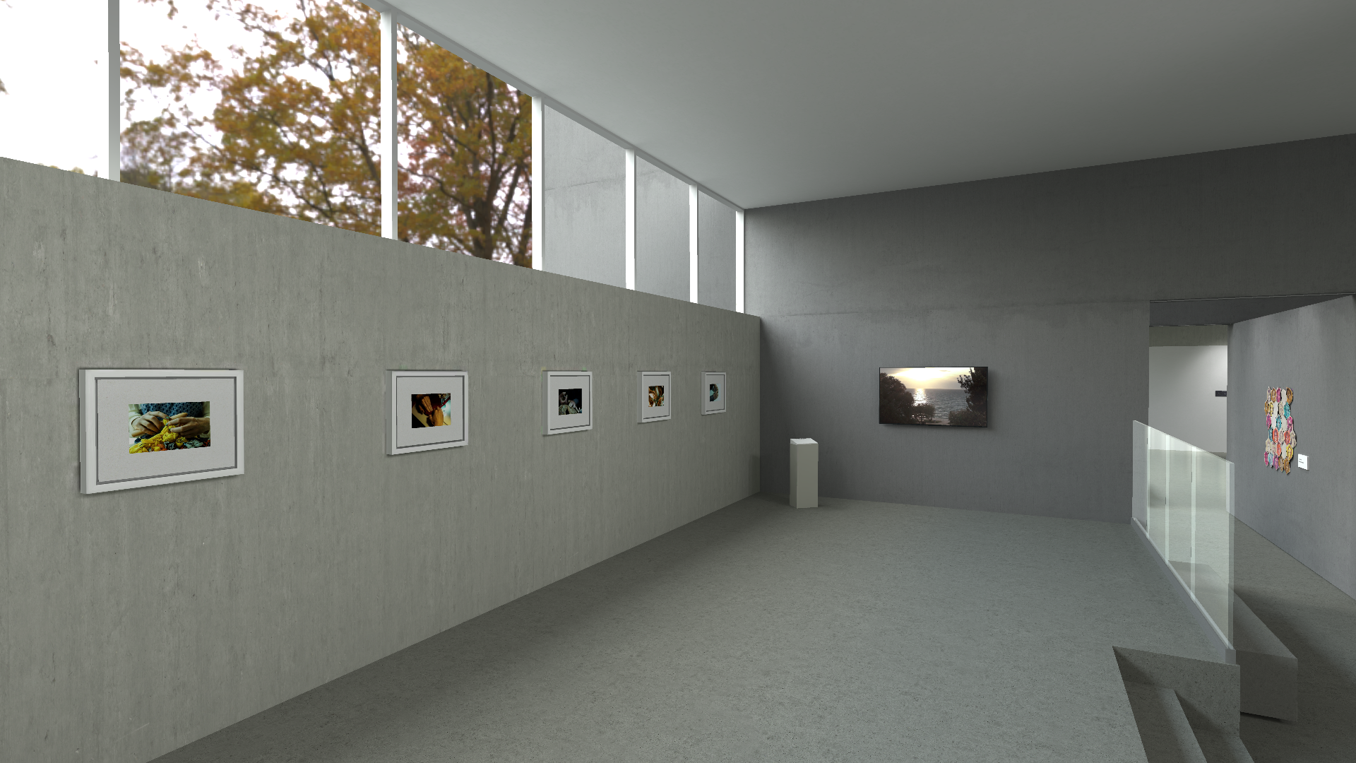 A series of images showing different perspectives of a contemporary art gallery. The gallery has a minimalist design with concrete benches, large windows revealing autumnal trees, and a variety of modern artworks including sculptures and framed pieces. The lighting is provided by track lights on the ceiling, creating a bright and airy atmosphere.