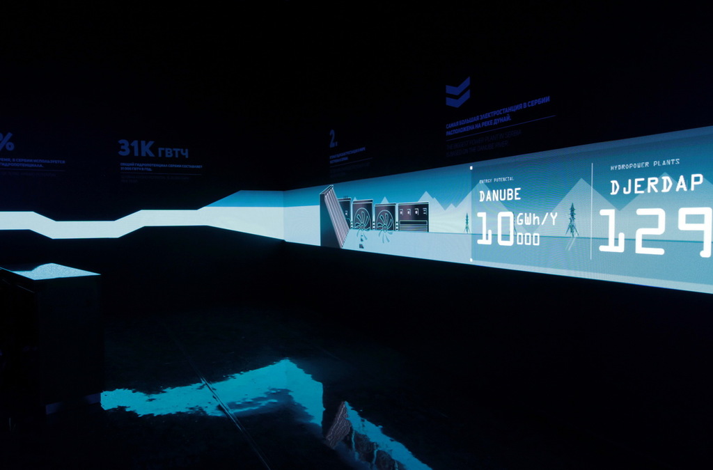 An interactive exhibit displaying Serbia's hydroelectric power statistics.