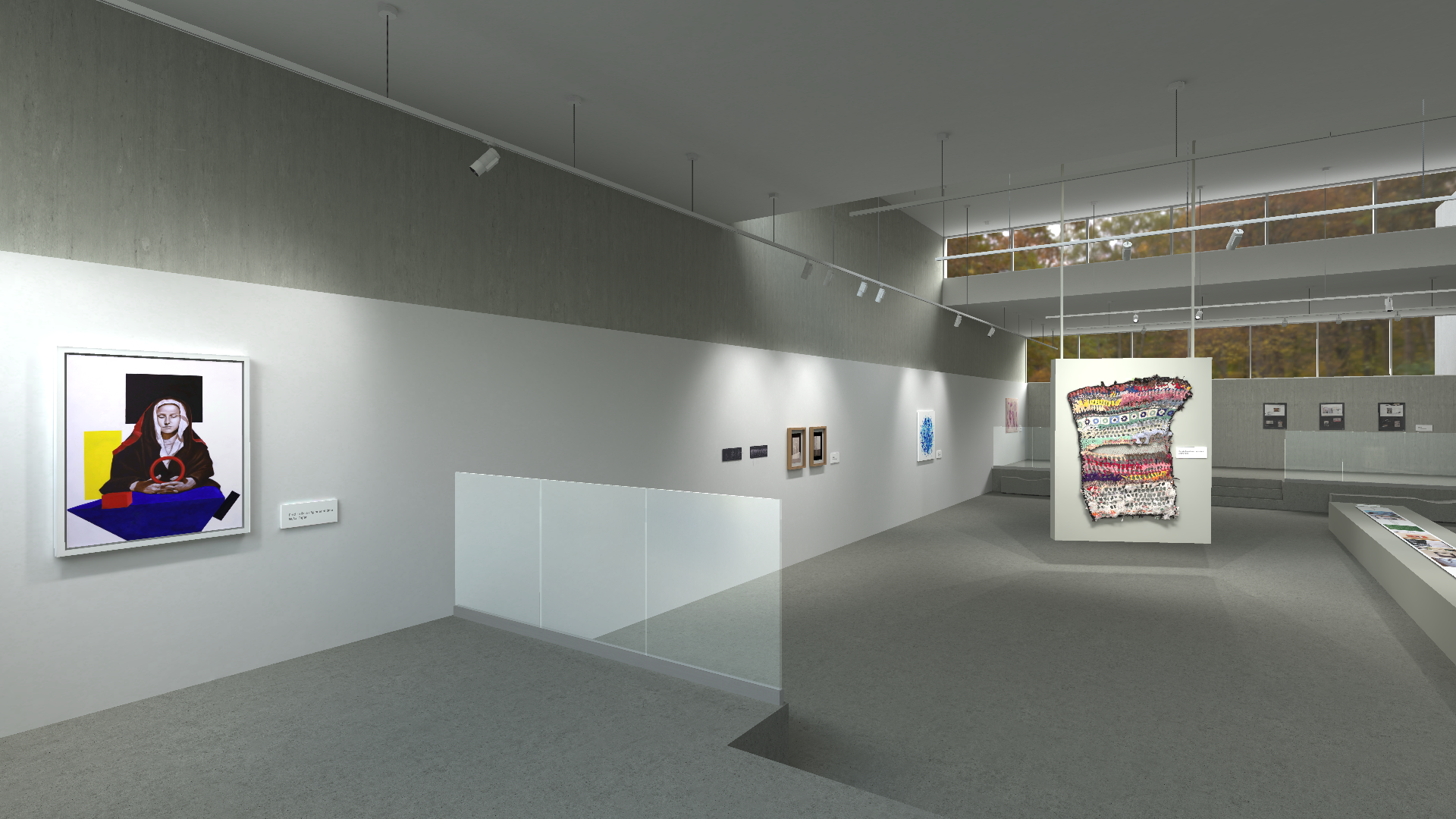 A series of images showing different perspectives of a contemporary art gallery. The gallery has a minimalist design with concrete benches, large windows revealing autumnal trees, and a variety of modern artworks including sculptures and framed pieces. The lighting is provided by track lights on the ceiling, creating a bright and airy atmosphere.
