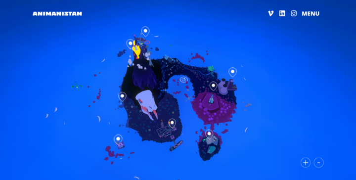A nocturnal view of Animanistan in a 3D web environment, showcasing a lively animated island with dark hues, highlighted attractions, and interactive locations for exploration.