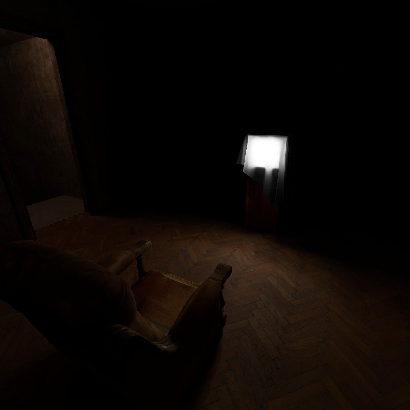 A reverse angle of the room shows the back of the leather armchair facing the glowing television screen, hinting at an unseen presence in the quiet, dark room.