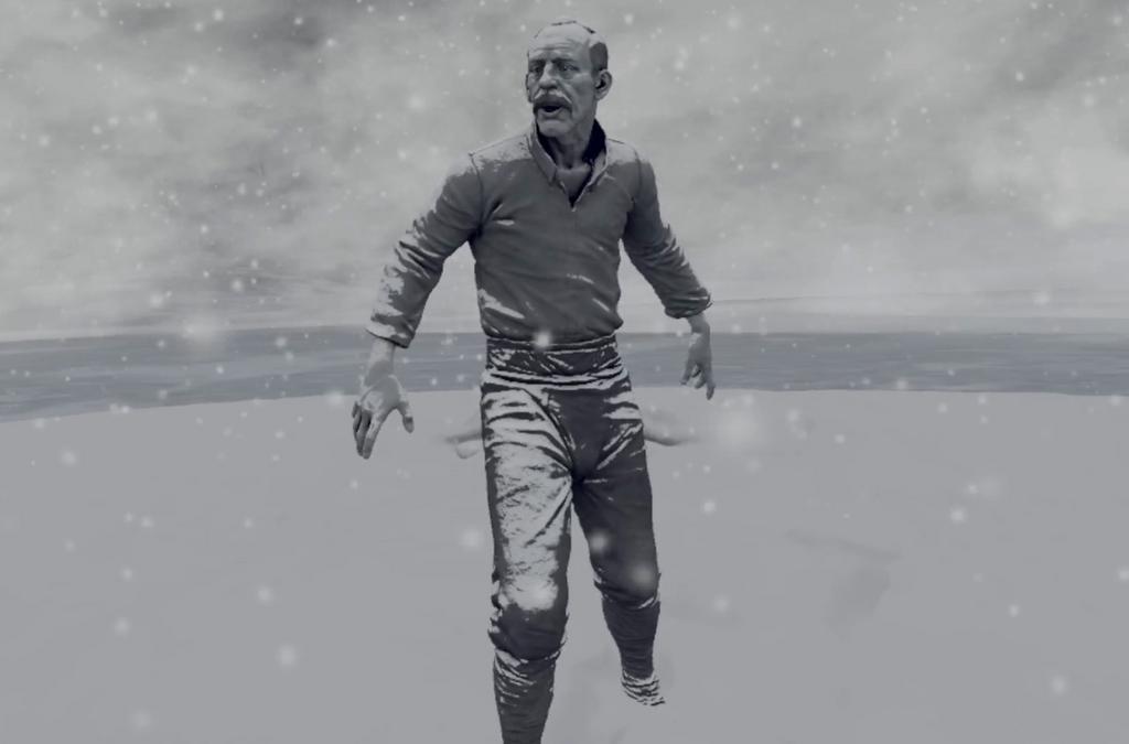 An elderly man walking through a heavy snowfall in a VR environment.