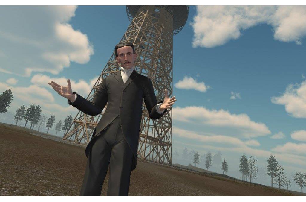 A 3D rendering of Nikola Tesla standing in front of his Wardenclyffe Tower, with open hands as if presenting his work, in a VR environment.