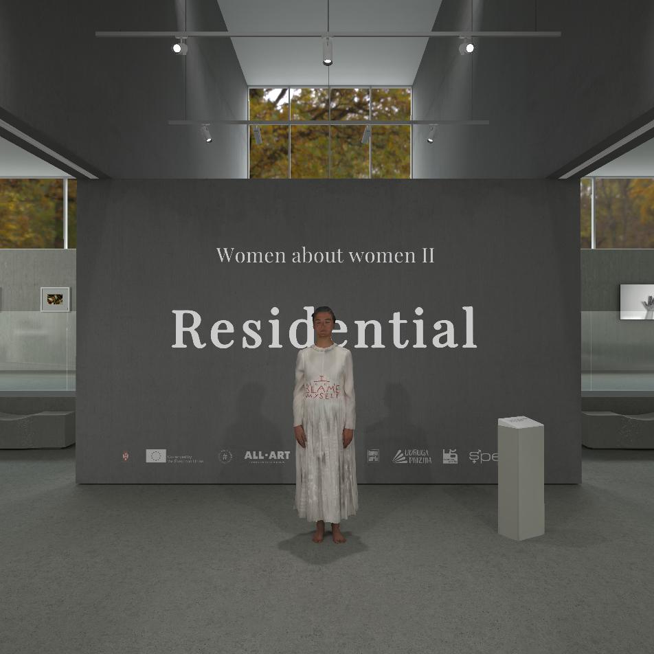 Modern art gallery interior with a 'Women about women II' exhibition. A woman stands in front of a large wall with the title 'Residential'. The gallery has high ceilings with skylights, concrete benches, and is adorned with various framed artworks. Autumn trees are visible through the upper windows.