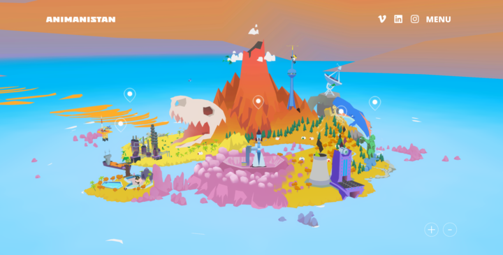Bright, daytime view of Animanistan in a 3D web presentation, showcasing a colorful animated landscape with a central volcano, lush greenery, and various interactive hotspots.