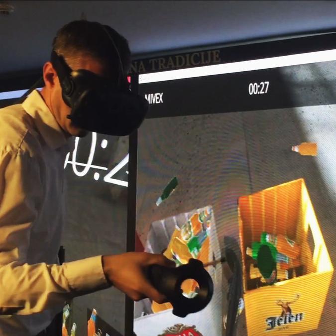  A player wearing an HTC VIVE VR headset and holding a controller, engaged in a virtual bottle sorting game, with a digital scoreboard in the background.