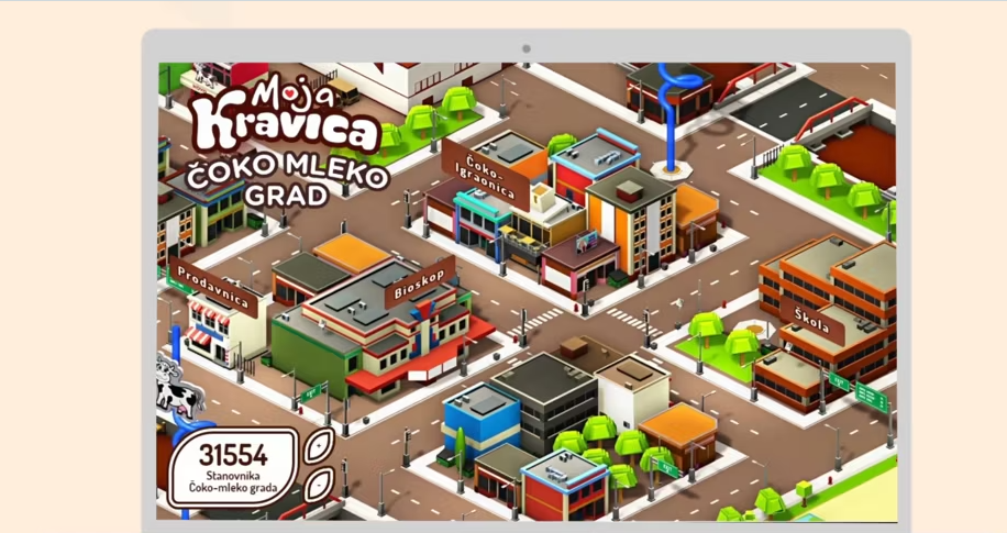 An overview of an interactive website for Čokoladno Mleko featuring a playful cityscape where children and parents can explore and engage with the brand.