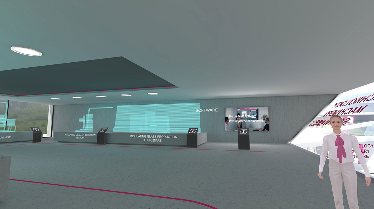 The LiSEC Expo VR experience with a focus on a digital hostess standing by a glass processing software exhibit, set in a contemporary space with a high ceiling and large windows that create a bright and welcoming atmosphere for the virtual visitors.