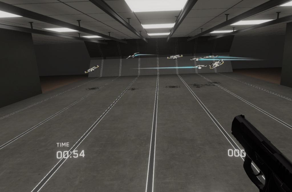 A virtual reality shooting range at IDEX 2019 where visitors can test their skills using a digital version of the RS9 VAMPIR semi-automatic pistol, against a backdrop of digital targets and a timer.
