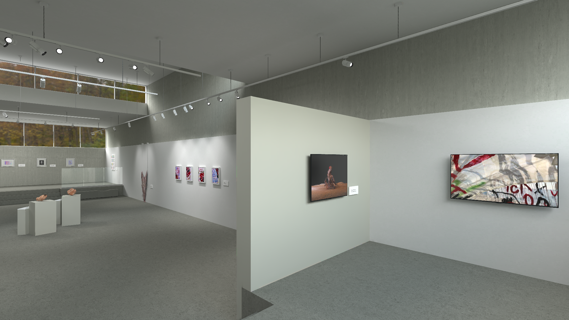 A series of images showing different perspectives of a contemporary art gallery. The gallery has a minimalist design with concrete benches, large windows revealing autumnal trees, and a variety of modern artworks including sculptures and framed pieces. The lighting is provided by track lights on the ceiling, creating a bright and airy atmosphere.