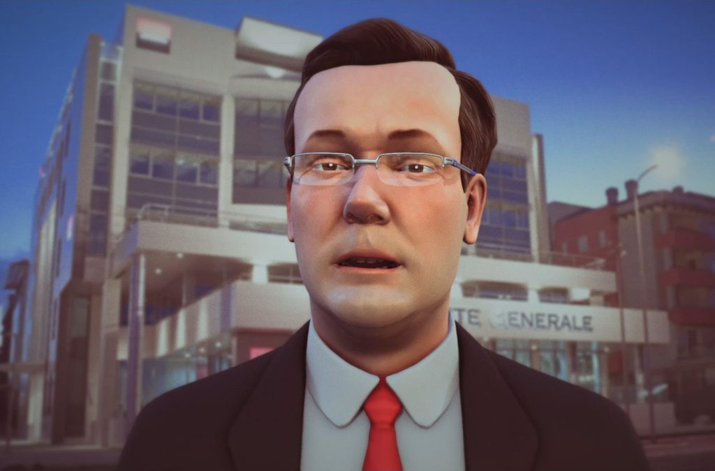A 3D digital avatar of the GM of Societe Generale Serbia against an urban backdrop, symbolizing the cutting-edge digital farewell message to his colleagues.