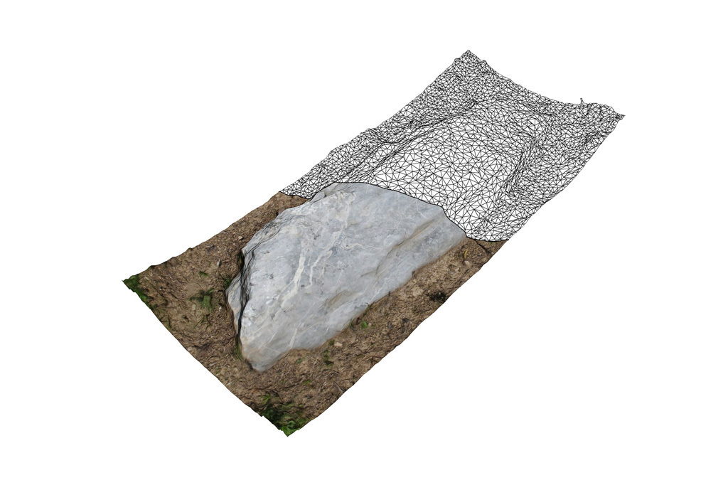 Highly optimized 3D model of an elongated ancient tombstone with distinct surface textures, set against a wireframe background.