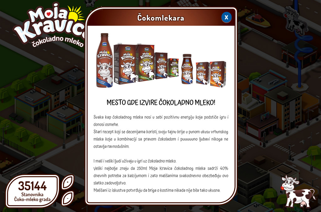 A section of the Čokoladno Mleko website showcasing various chocolate milk products with a backdrop of an animated city illustration, encouraging users to learn and interact with the brand.